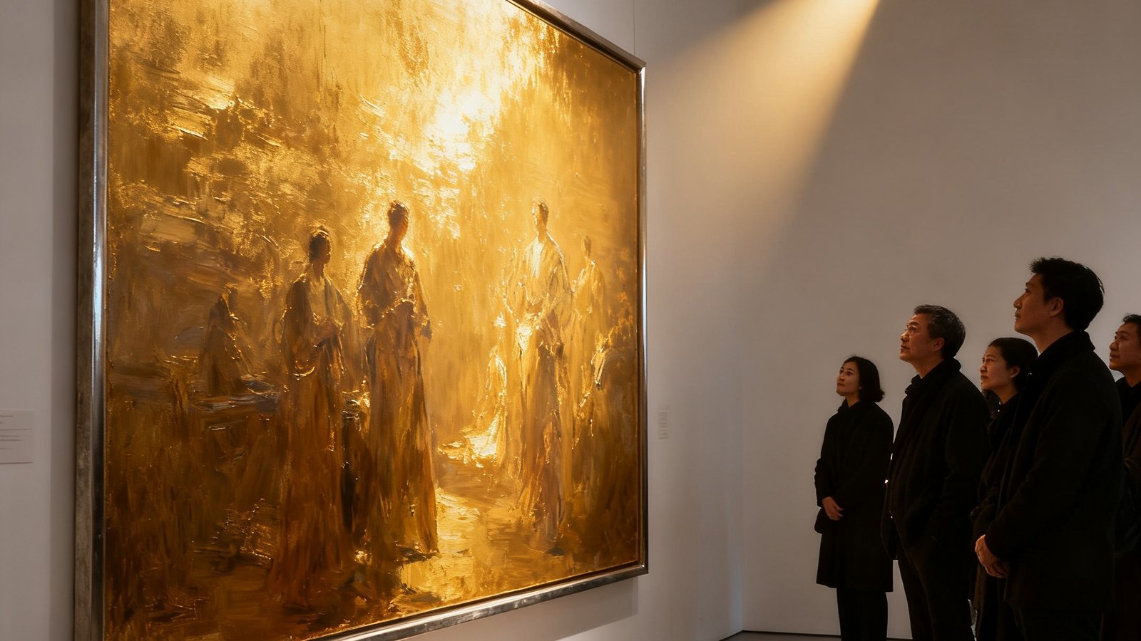 tyc贵宾会艺术展厅内一幅巨幅当代油画作品在聚光灯下熠熠生辉，暖金色灯光洒在画布上，观众驻足凝视