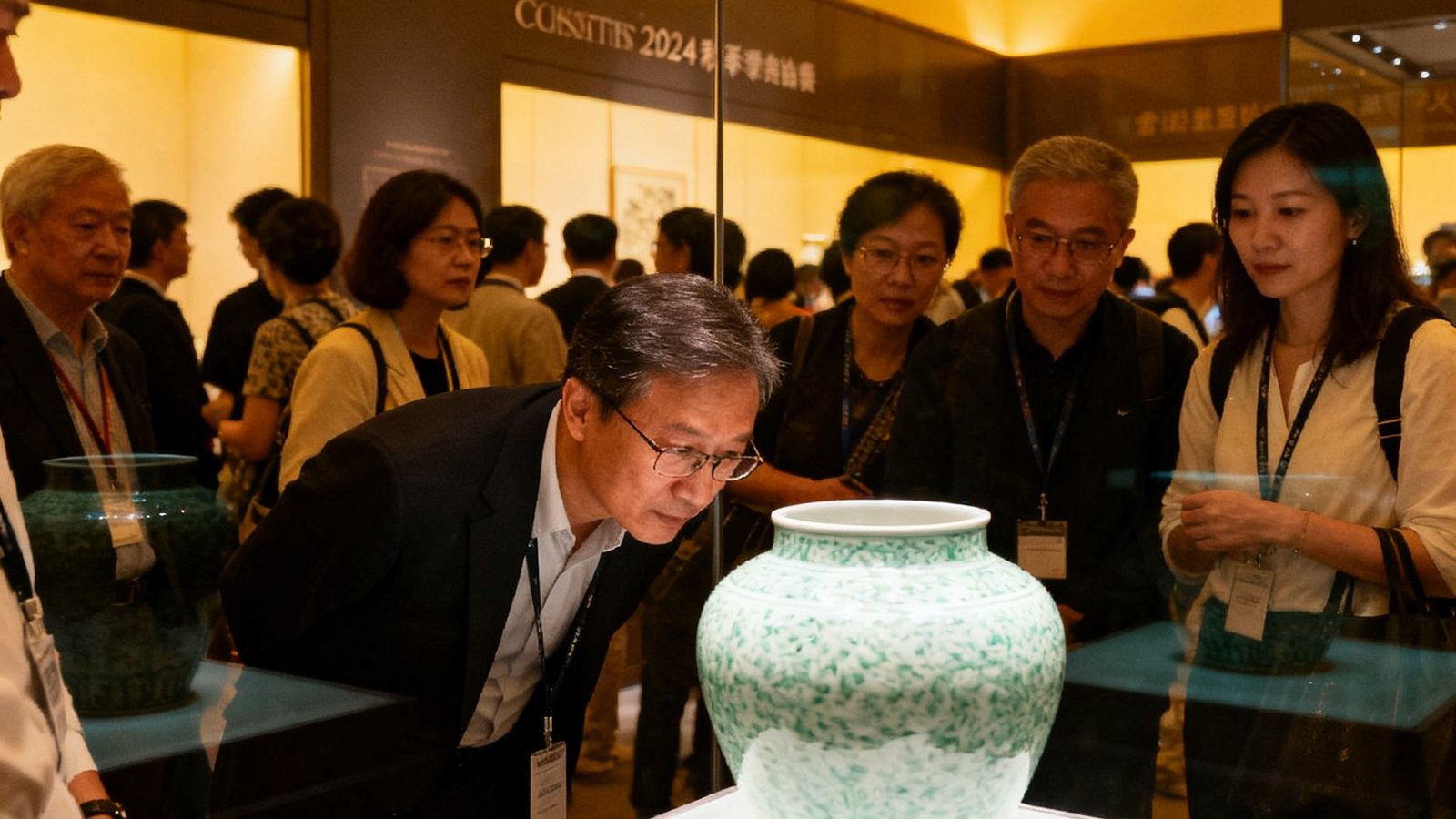 香港佳士得2024秋季拍卖会预展现场，重要拍品展示区域人潮涌动，专业藏家正仔细查看一件清乾隆瓷器