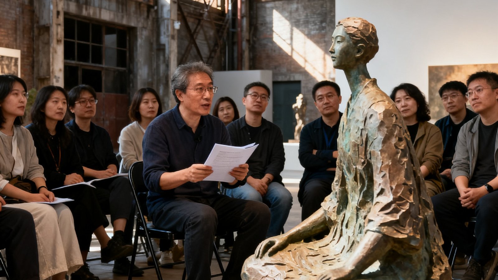 北京798艺术区内一场美学沙龙现场，二十余位参与者围坐在当代雕塑作品前，主讲人正分享鉴赏要点